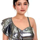 Metallic Silver Ruffle Blouse with One Sided Ruffle Sleeves - Anvi Couture