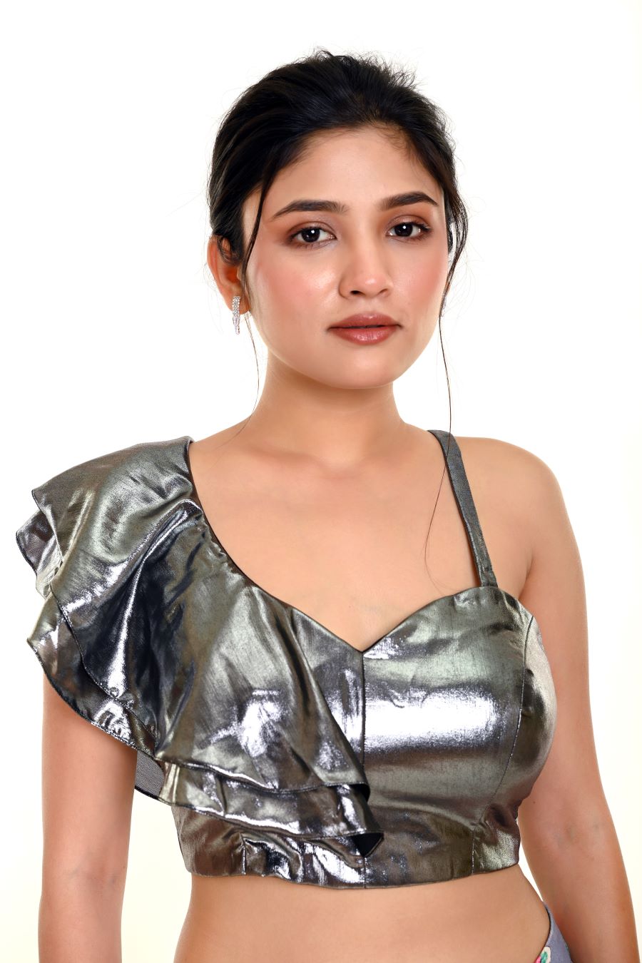Metallic Silver Ruffle Blouse with One Sided Ruffle Sleeves - Anvi Couture