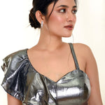 Metallic Silver Ruffle Blouse with One Sided Ruffle Sleeves - Anvi Couture