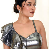 Metallic Silver Ruffle Blouse with One Sided Ruffle Sleeves - Anvi Couture