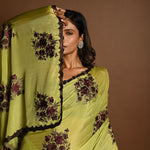 Olive Green Beautiful Thread Embroidery Sequin Floral Work on Satin Silk Saree - Image 5