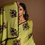 Olive Green Beautiful Thread Embroidery Sequin Floral Work on Satin Silk Saree - Image 5