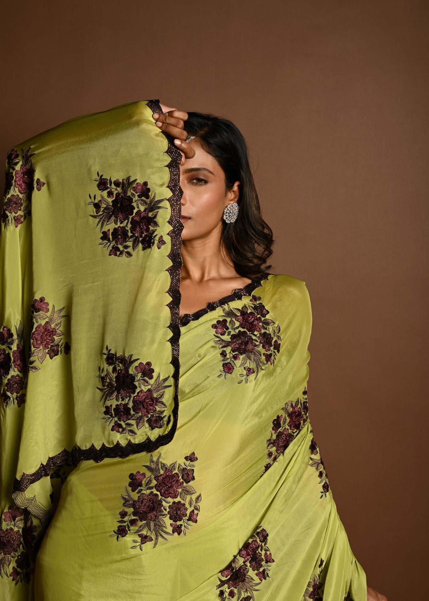 Olive Green Beautiful Thread Embroidery Sequin Floral Work on Satin Silk Saree - Image 5