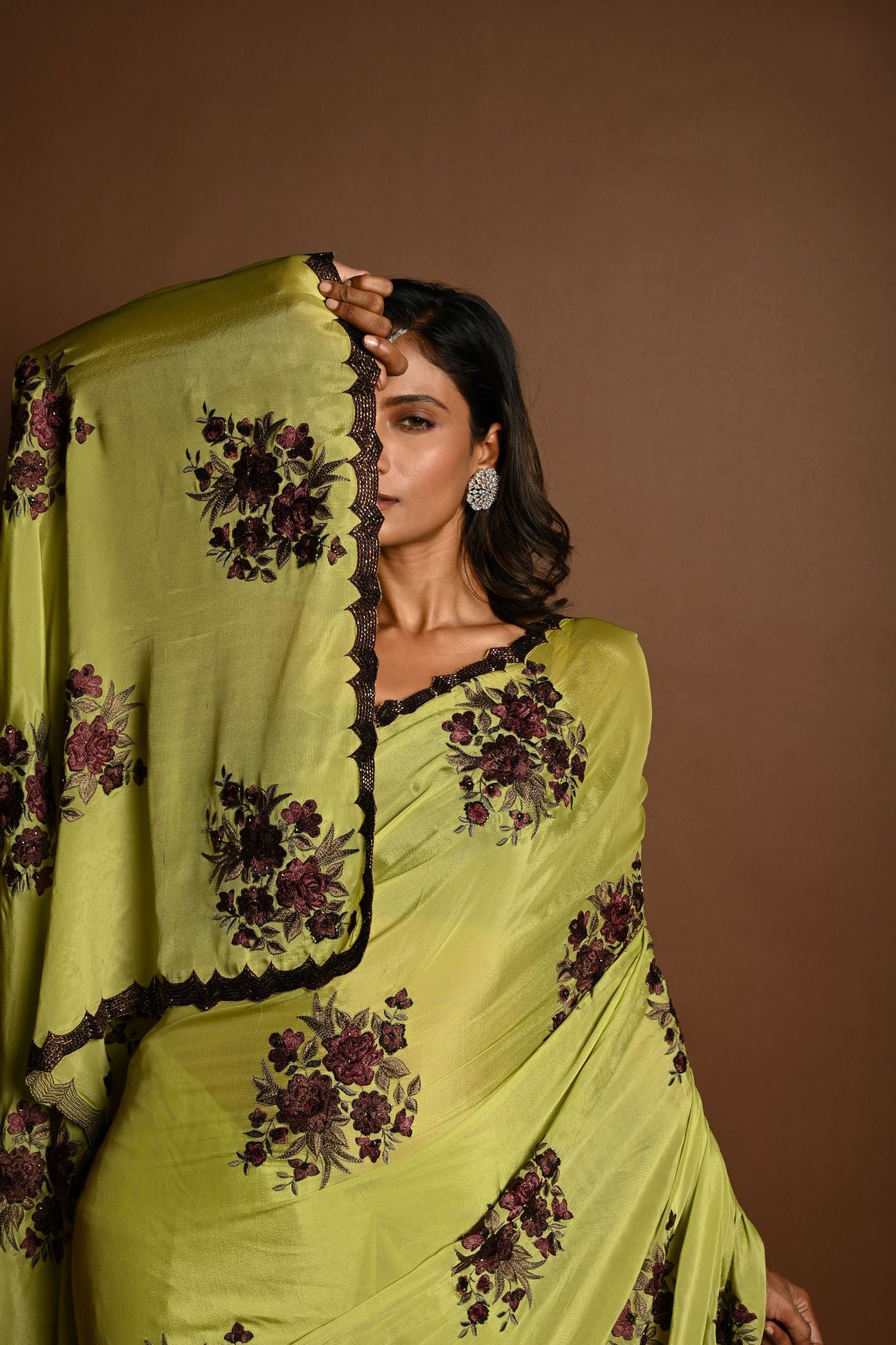 Olive Green Beautiful Thread Embroidery Sequin Floral Work on Satin Silk Saree - Image 5