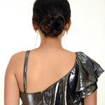 Metallic Silver Ruffle Blouse with One Sided Ruffle Sleeves - Anvi Couture