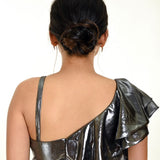 Metallic Silver Ruffle Blouse with One Sided Ruffle Sleeves - Anvi Couture