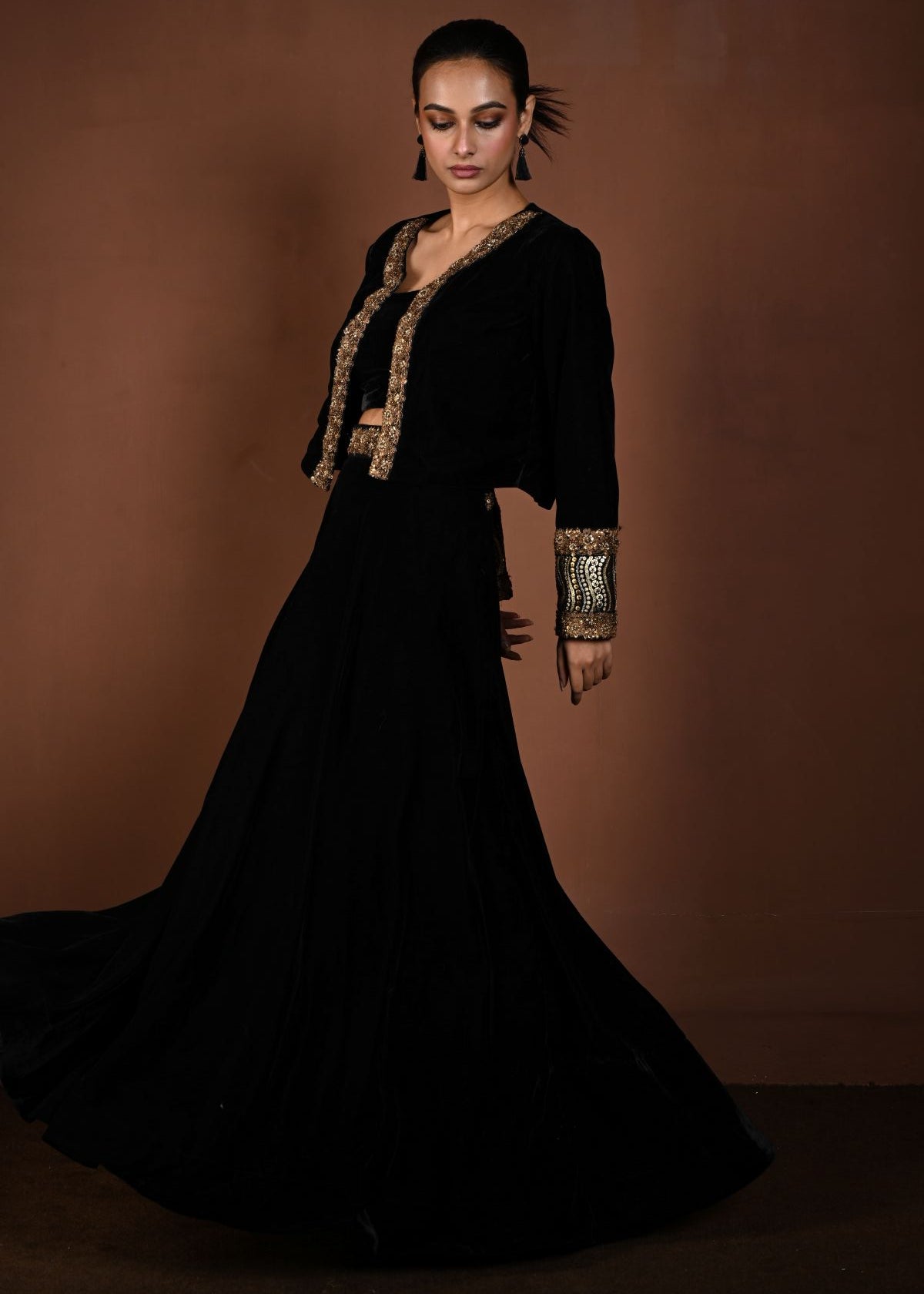 Black Hand Embroidered Velvet Lehenga with Jacket - Anvi Couture