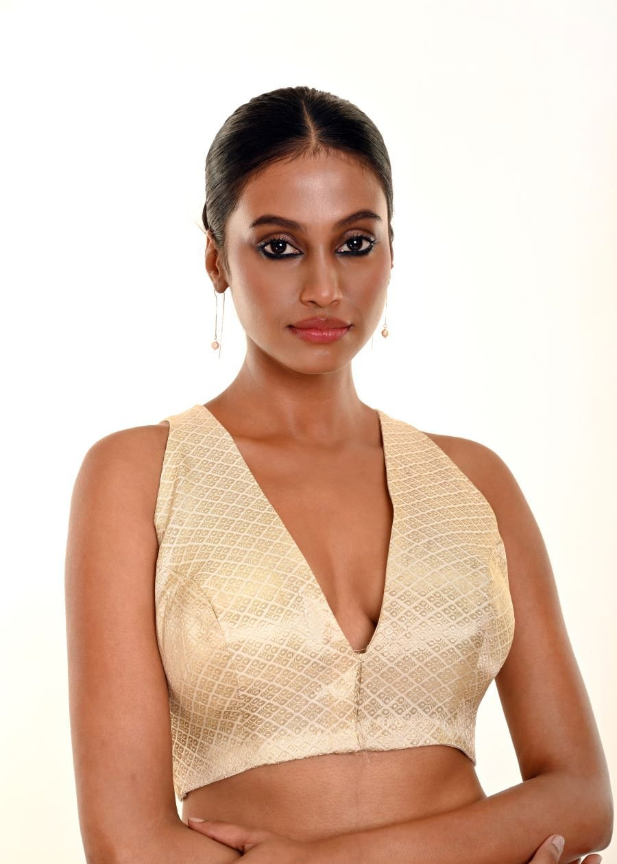 Pearl White Brocade V - Neck Sleeveless Blouse - Anvi Couture