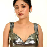 Metallic Silver Sleeveless Blouse with Queen Anne Neckline - Anvi Couture