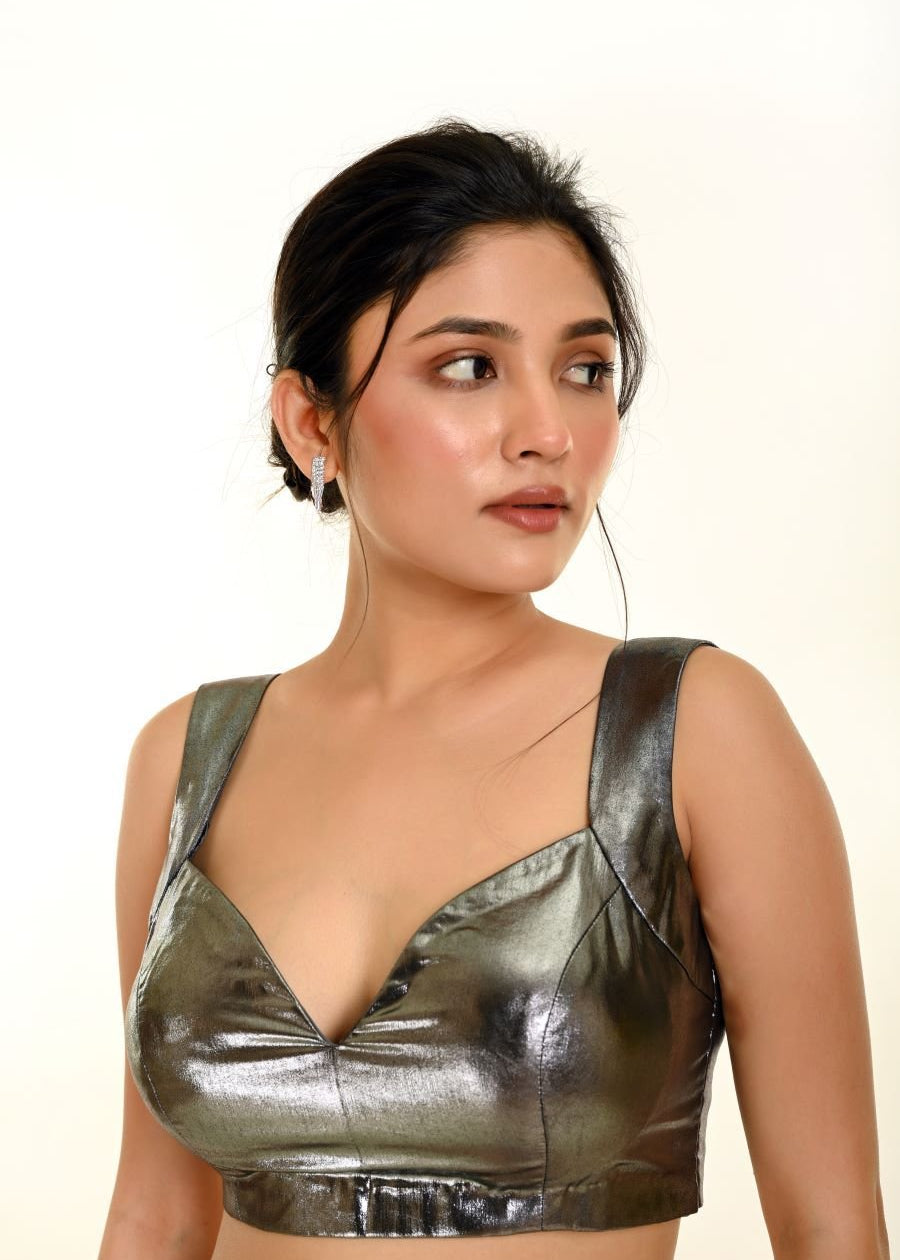 Metallic Silver Sleeveless Blouse with Queen Anne Neckline - Anvi Couture