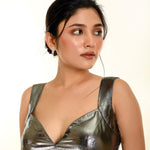 Metallic Silver Sleeveless Blouse with Queen Anne Neckline - Anvi Couture