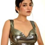 Metallic Silver Sleeveless Blouse with Queen Anne Neckline - Anvi Couture