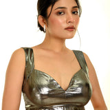 Metallic Silver Sleeveless Blouse with Queen Anne Neckline - Anvi Couture