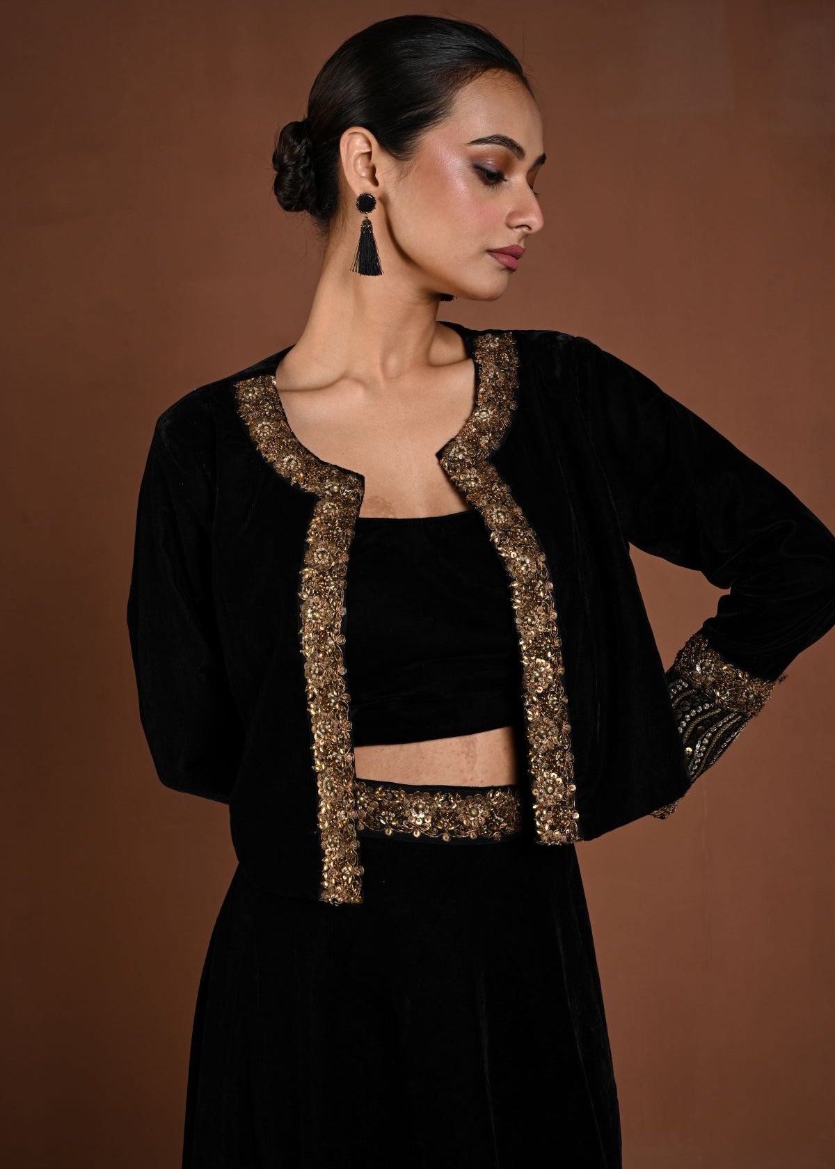 Black Hand Embroidered Velvet Lehenga with Jacket - Anvi Couture