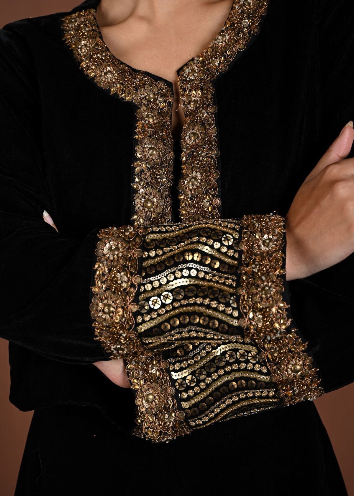 Black Hand Embroidered Velvet Lehenga with Jacket - Anvi Couture