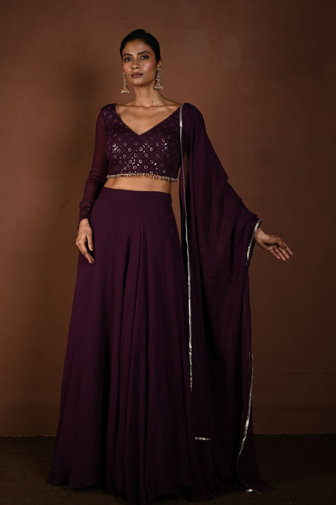 Purple Lehenga with Sequin Work Full Sleeve Choli and Matching Dupatta