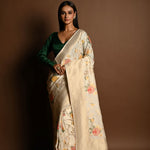 Handloom White Satin Silk Banarasi Saree with Meenakar i- Anvi Couture