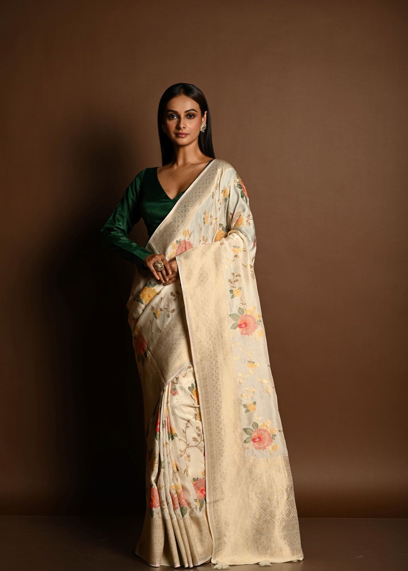 Handloom White Satin Silk Banarasi Saree with Meenakari Work - Image 1