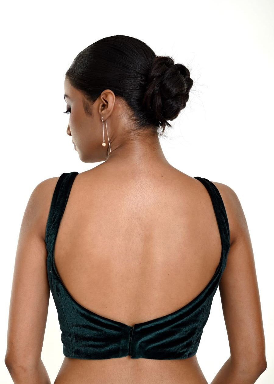 Dark Green Velvet Sleeveless Blouse With Queen Anne Neckline - Anvi Couture