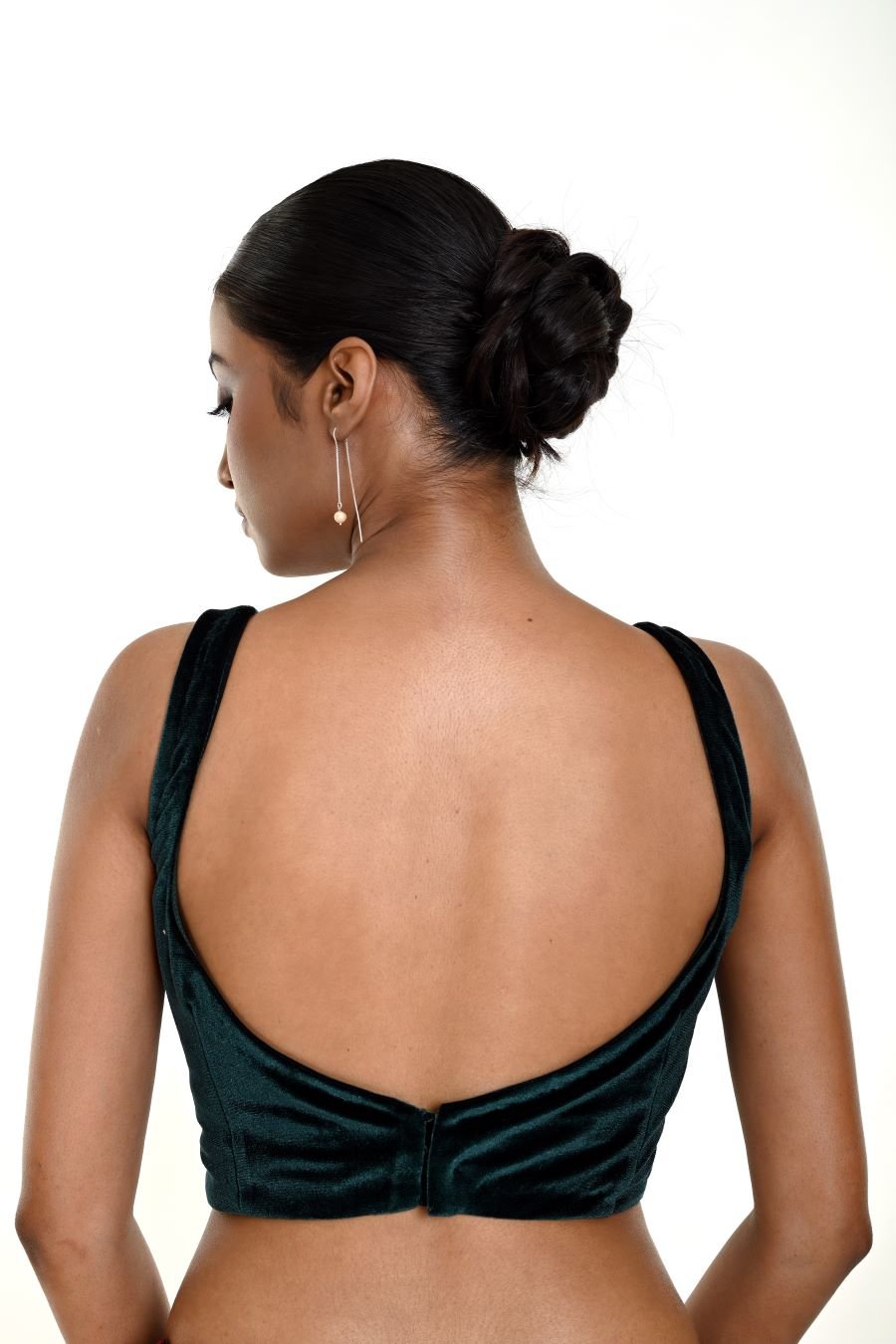 Dark Green Velvet Sleeveless Blouse With Queen Anne Neckline - Anvi Couture