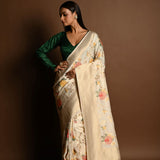 Handloom White Satin Silk Banarasi Saree with Meenakar i- Anvi Couture