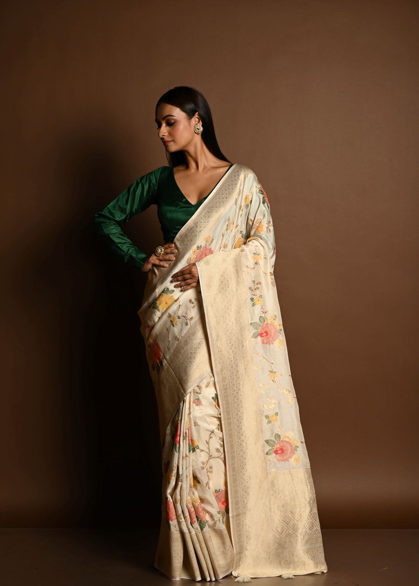 Handloom White Satin Silk Banarasi Saree with Meenakar i- Anvi Couture