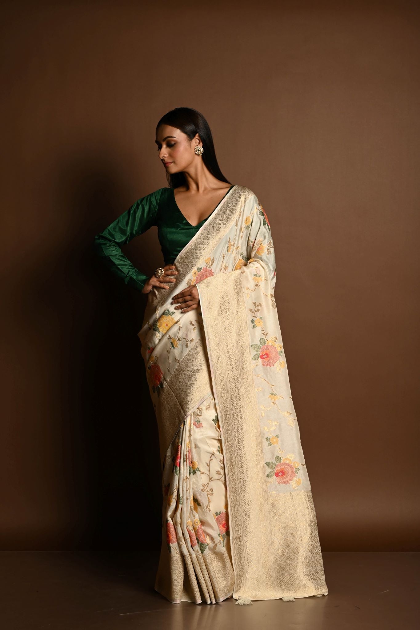 Handloom White Satin Silk Banarasi Saree with Meenakar i- Anvi Couture