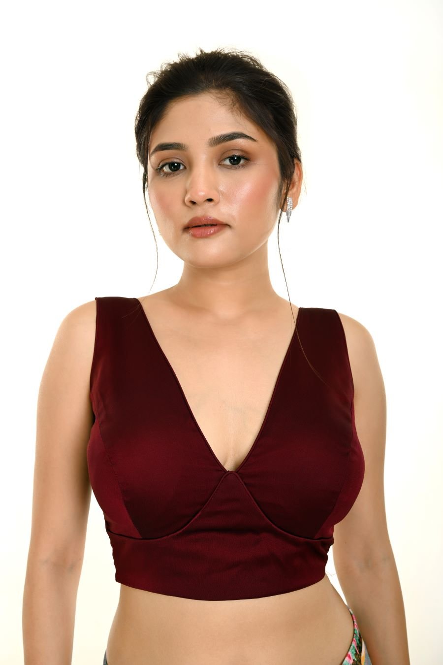 Wine Color Deep V - Neck Sleeveless Blouse - Anvi Couture