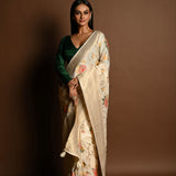 Handloom White Satin Silk Banarasi Saree with Meenakar i- Anvi Couture