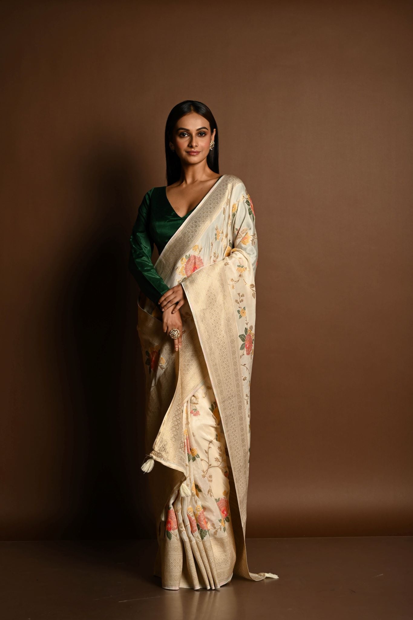 Handloom White Satin Silk Banarasi Saree with Meenakar i- Anvi Couture