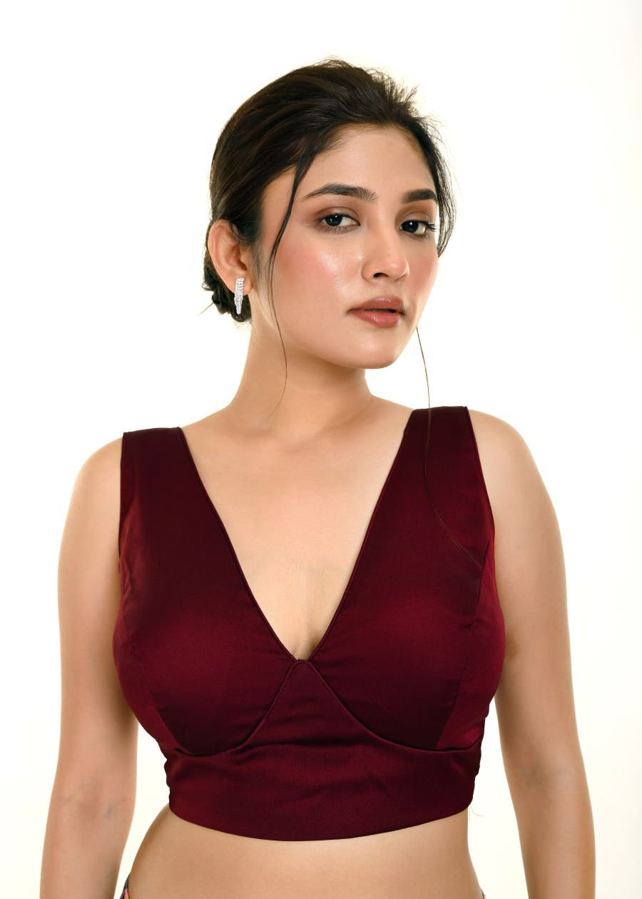 Wine Color Deep V - Neck Sleeveless Blouse - Anvi Couture