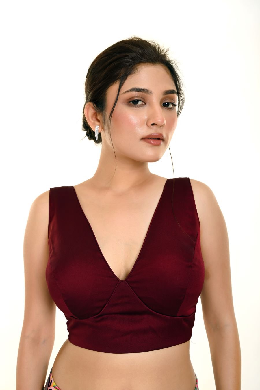 Wine Color Deep V - Neck Sleeveless Blouse - Anvi Couture