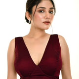 Wine Color Deep V - Neck Sleeveless Blouse - Anvi Couture