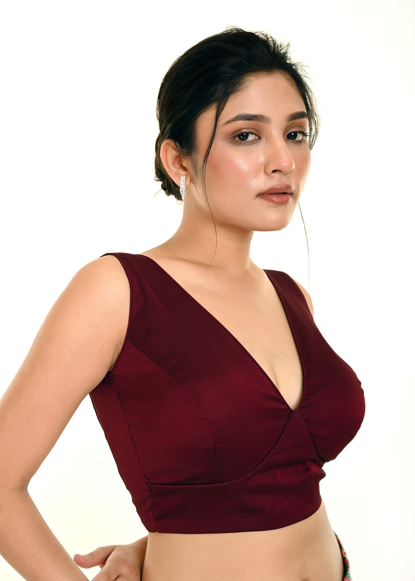 Dark Purple Sleeveless Silk Organza Blouse in Deep V Neckline  - Anvi Couture