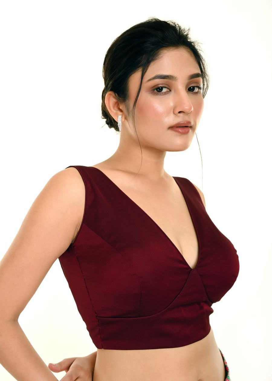 Wine Color Deep V - Neck Sleeveless Blouse - Anvi Couture