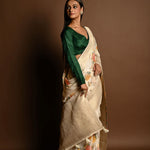 Handloom White Satin Silk Banarasi Saree with Meenakar i- Anvi Couture