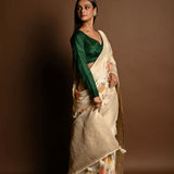 Handloom White Satin Silk Banarasi Saree with Meenakar i- Anvi Couture