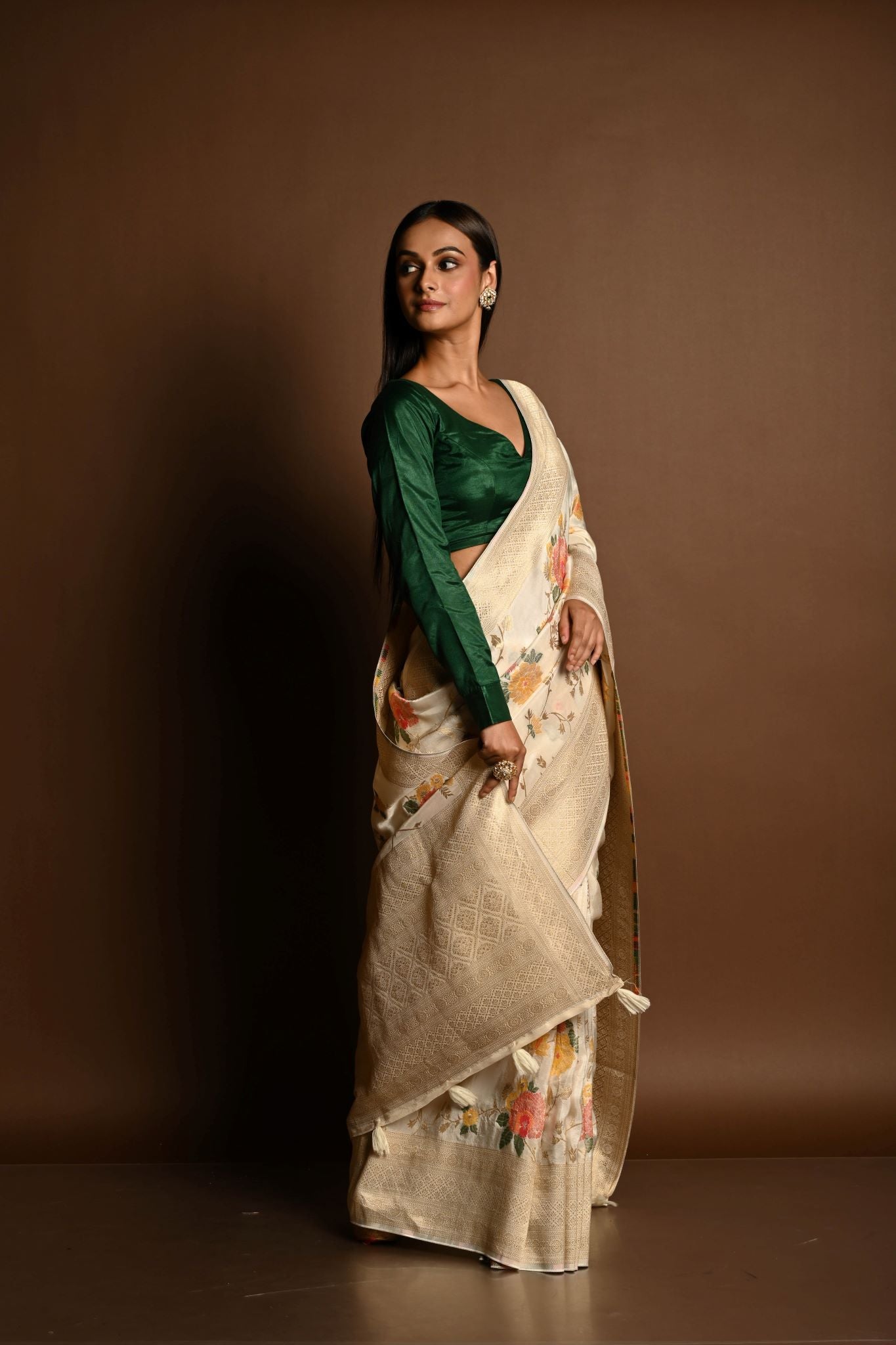 Handloom White Satin Silk Banarasi Saree with Meenakar i- Anvi Couture