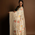 Handloom White Satin Silk Banarasi Saree with Meenakar i- Anvi Couture