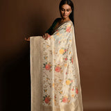 Handloom White Satin Silk Banarasi Saree with Meenakar i- Anvi Couture