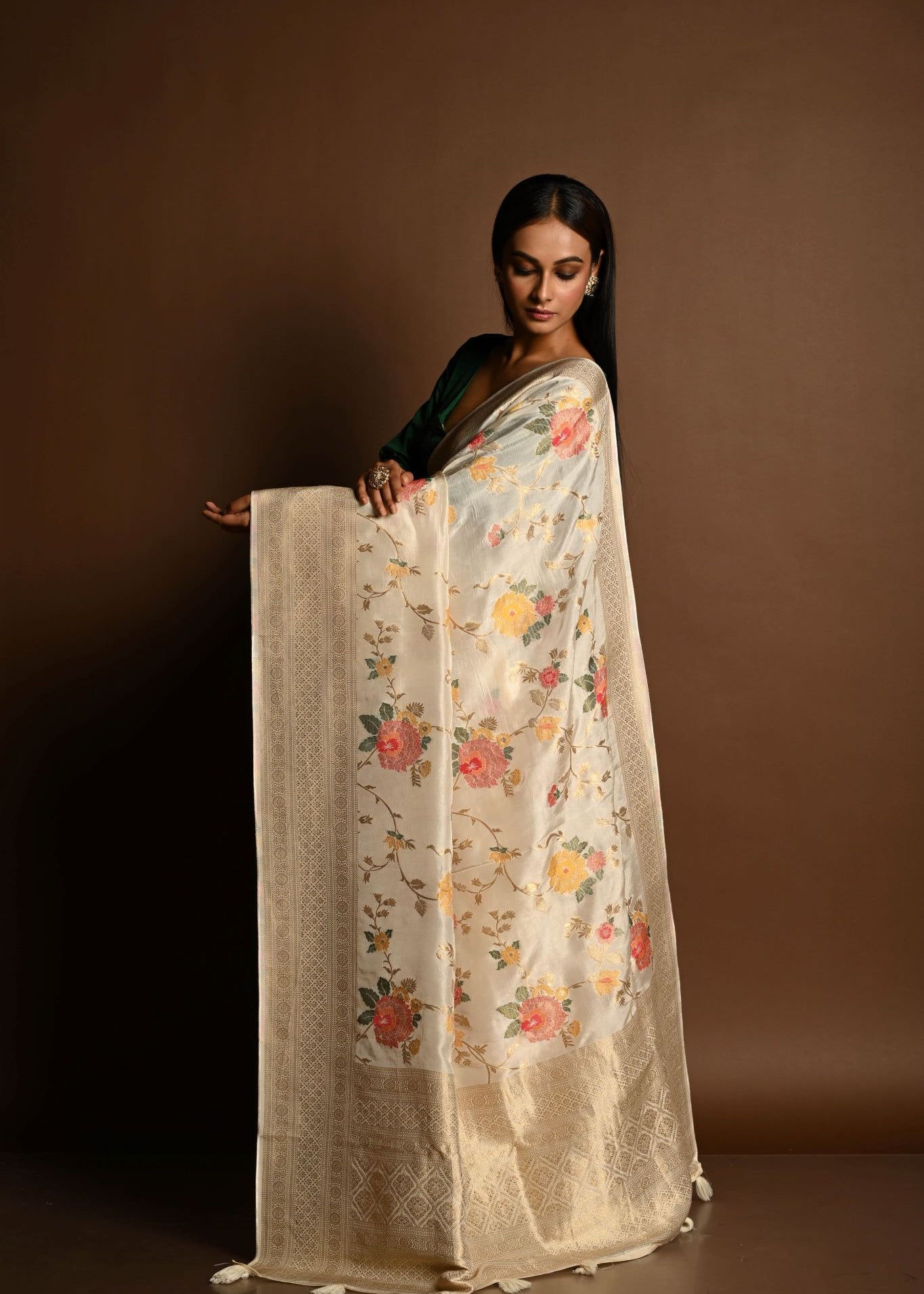 Handloom White Satin Silk Banarasi Saree with Meenakar i- Anvi Couture