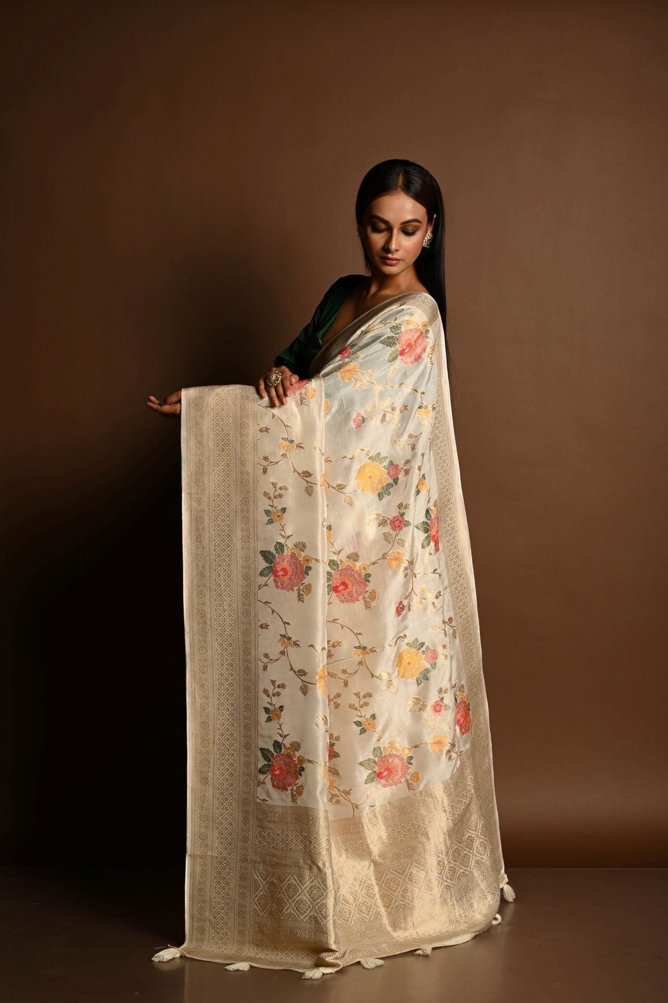 Handloom White Satin Silk Banarasi Saree with Meenakar i- Anvi Couture