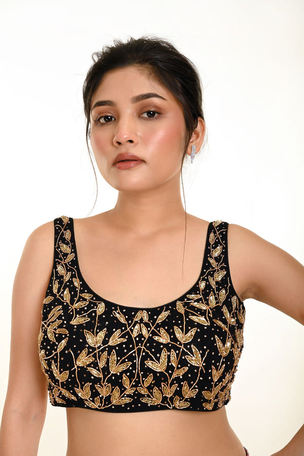 Black Cutdana Hand Embroidered Sleeveless Georgette Blouse in U Neckline  - Anvi Couture - Front 1