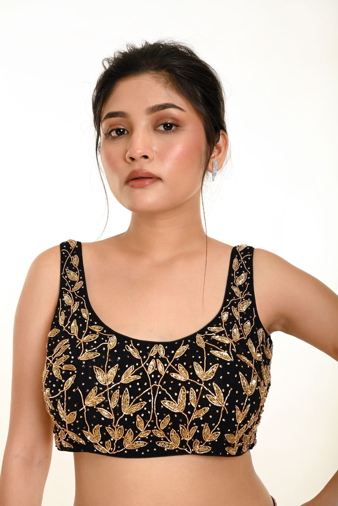 Black Cutdana Hand Embroidered Sleeveless Georgette Blouse in U Neckline