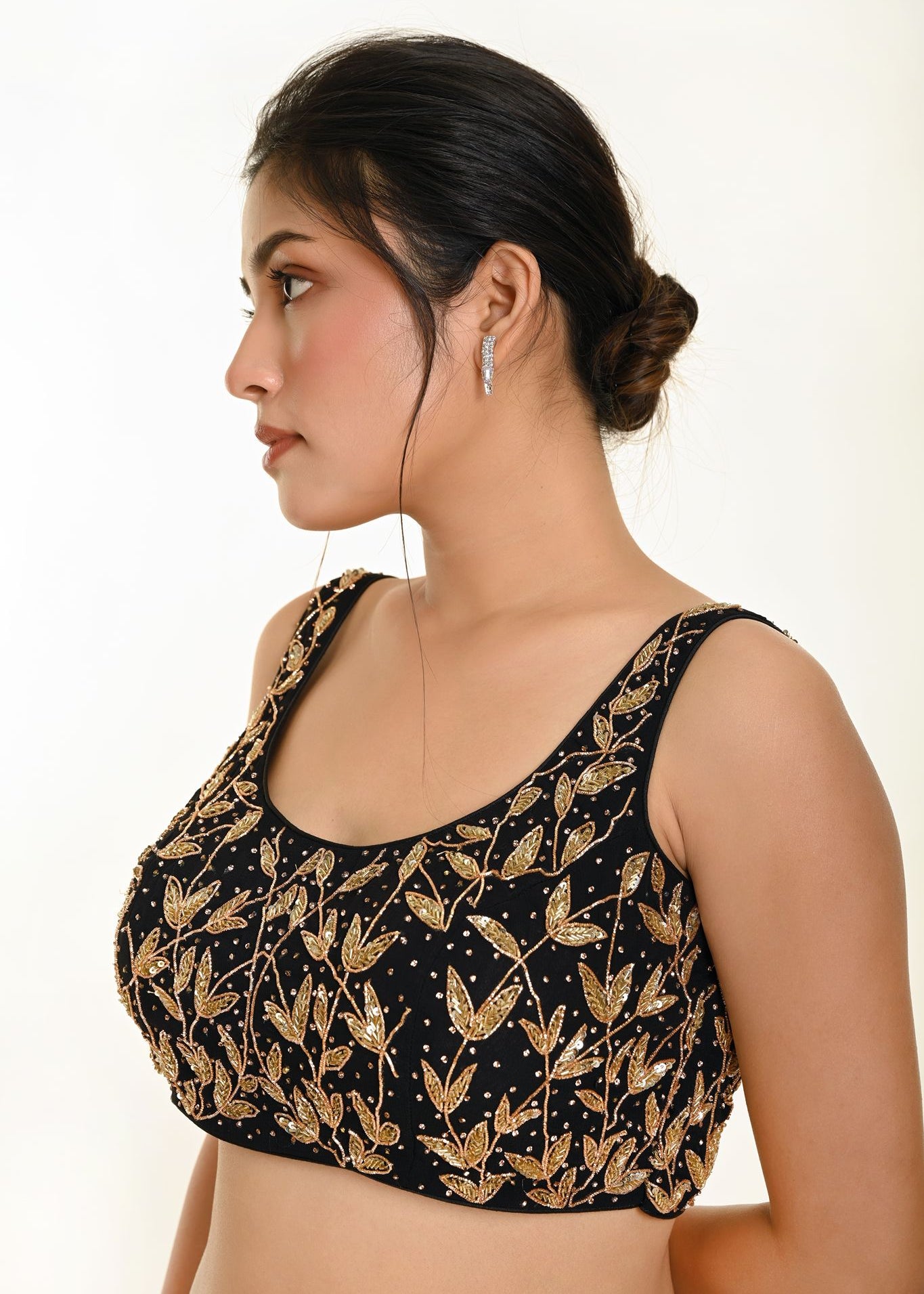 Black Cutdana Hand Embroidered Sleeveless Georgette Blouse in U Neckline  - Anvi Couture