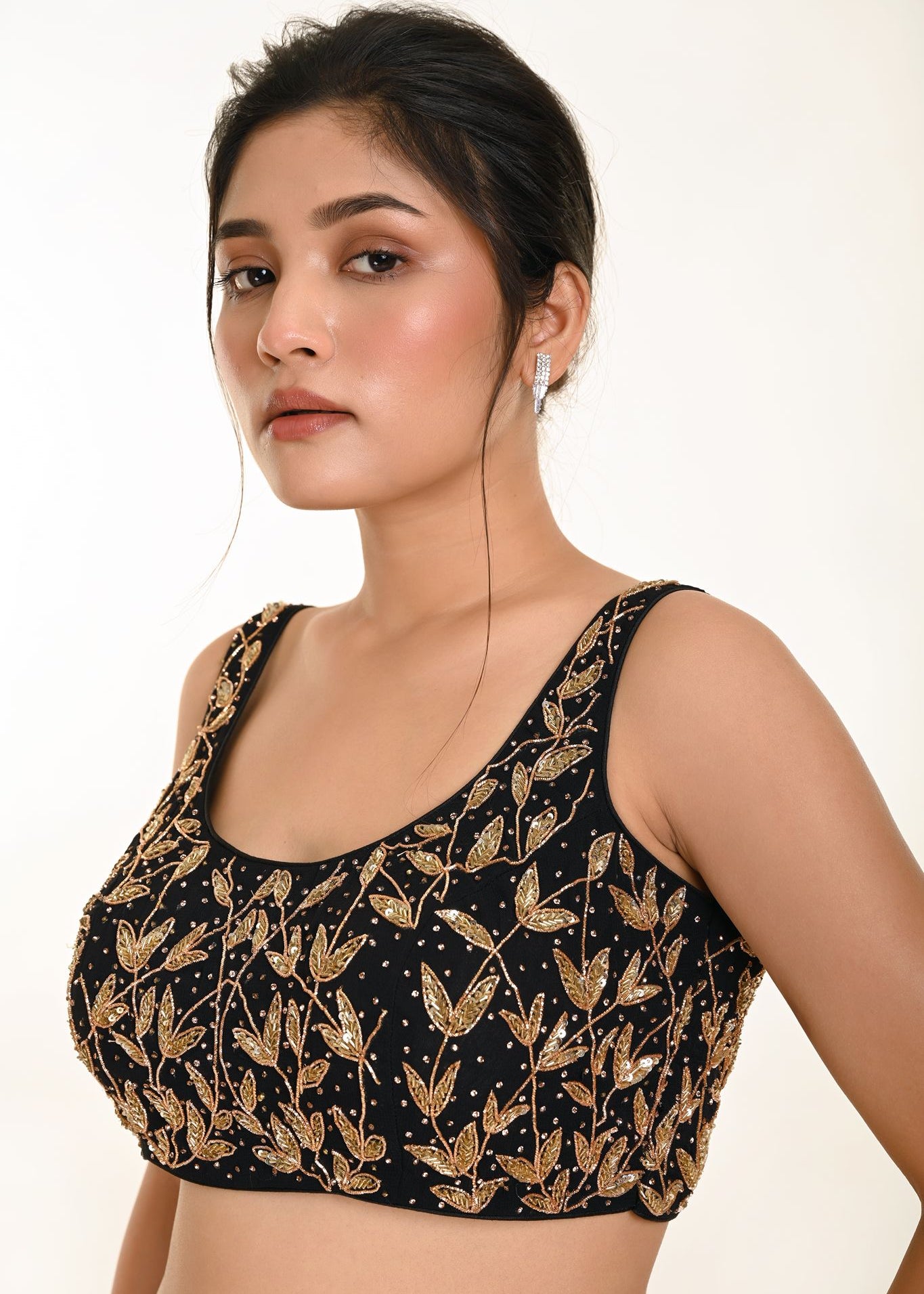 Black Cutdana Hand Embroidered Sleeveless Georgette Blouse in U Neckline  - Anvi Couture