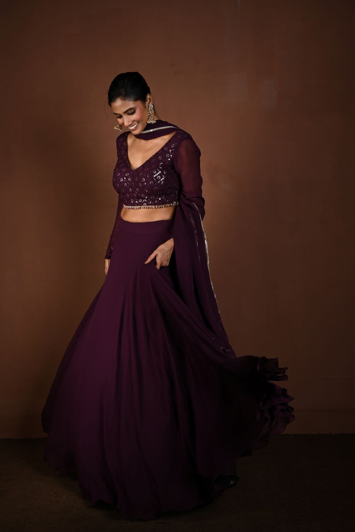 Purple Lehenga with Sequin Work Full Sleeve Choli and Matching Dupatta - Anvi Couture