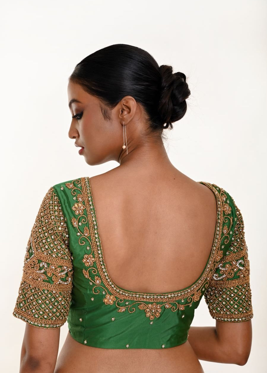 Green Aari Work Bridal Blouse in Pure Silk With  U Neckline and Elbow Sleeves - Anvi Couture