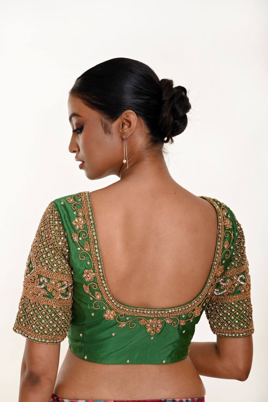 Green Aari Work Bridal Blouse in Pure Silk With  U Neckline and Elbow Sleeves - Anvi Couture