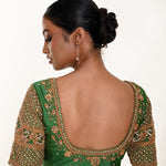 Green Aari Work Bridal Blouse in Pure Silk With  U Neckline and Elbow Sleeves - Anvi Couture